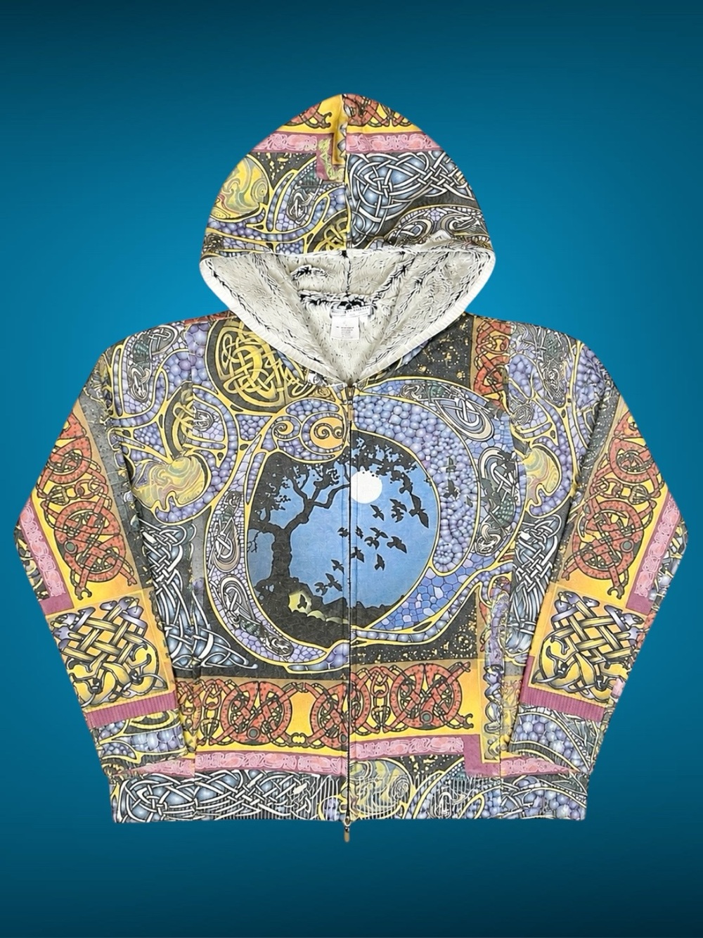 Alberto Makali Y2K Grunge Fairy Stained Glass Celtic Print Fuax Fur Hoodie L